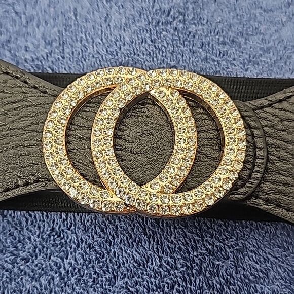 Belt Rhinestone Buckle Blk.Rose Goldtone Hardware Size 29" to 43" Stretchy  NWT - Picture 1 of 4